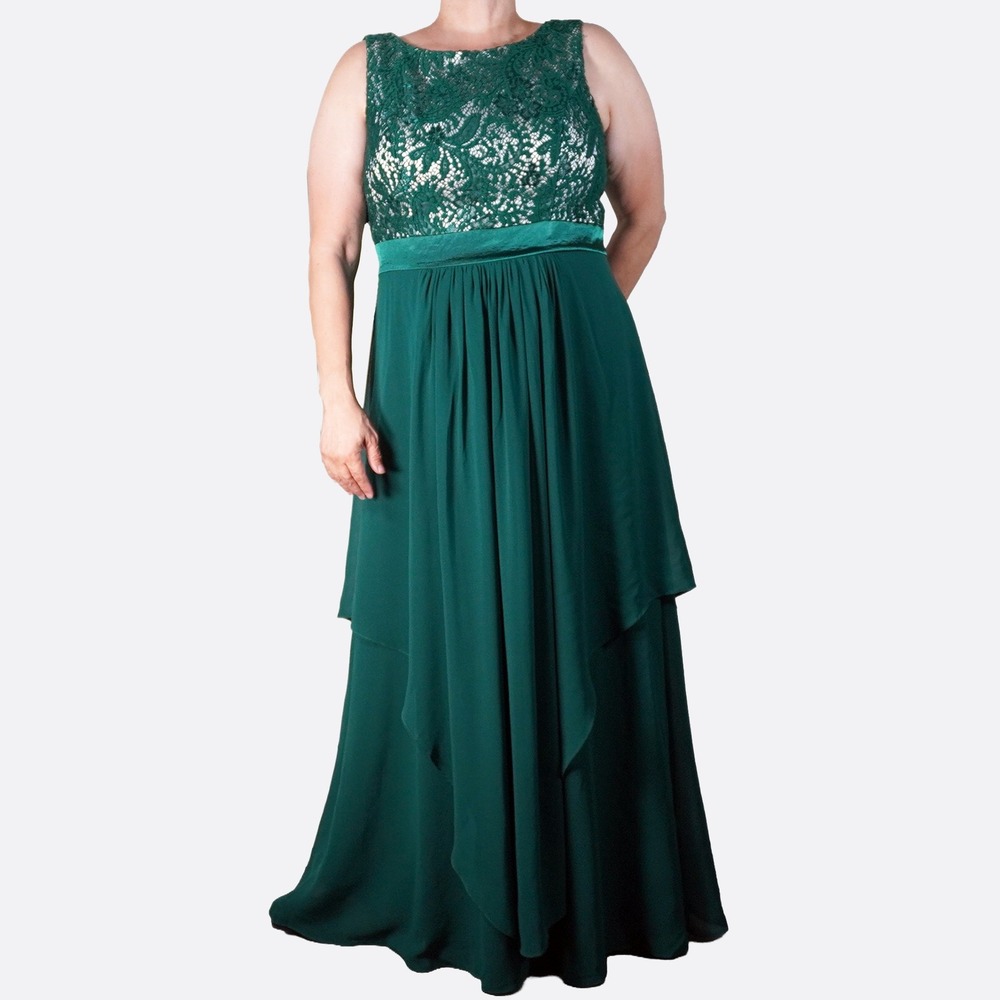 Ever Pretty Lace Chiffon Tiered Empire Waist XL 1X Emerald Green Formal Gown NWT